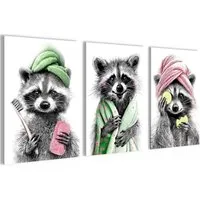 Novart Wandbild Wandbilder Set Frau im Badezimmer Lustige Toiletten Bilder, Waschbär