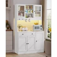 MSMASK Küchenbuffet Küchenschrank Sideboard mit LED, Arbeitsplatte,Schubladen Verstellbaren Ablagen, Großer Stauraum, Weiß, 180cm hoch