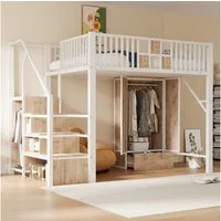Flieks Hochbett Metallbett 140×200cm mit Kleiderschrank, Schublade und Stauraumtreppe
