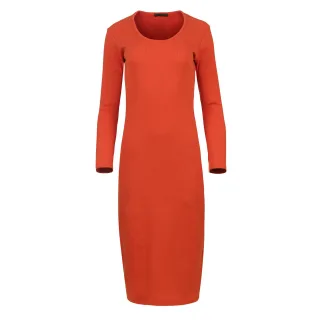 Langärmliges Midikleid mit Rundhalsausschnitt aus gerippter Baumwoll-Elastan-Mischung in Dunkelorange