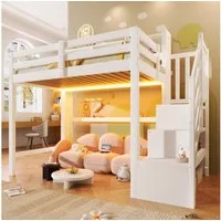 Flieks Hochbett Kinderbett 90x200cm mit LED-Beleuchtung und Stauraumtreppe