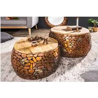 riess-ambiente Couchtisch STONE MOSAIC Ø65cm kupfer / natur (Set, 2-St., 2x Couchtisch), Wohnzimmer · Metall · Massivholz · rund · Mosaik Design · handmade