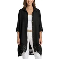 dy_mode Longbluse Damen Oversized Longbluse Musselin Tunika HemdbluseBlusenkleid in Unifarbe, dekorativem Häkel-Saum, Oversize-Passform