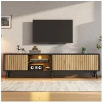 KLAM HOME Lowboard LED TV-Schrank 175cm Naturholz-Schwarz für 75 Zoll Fernseher (Lowboard mit App-gesteuerter Beleuchtung, 3 Schränken & Glasfach), Moderner Wohnzimmer TV-Ständer mit viel Stauraum & 6 Stützbeinen