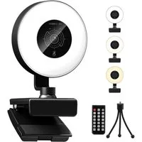 CkeyiN 4K Webcam mit Ringlicht PC Kamera Streaming Kamera 1080P 30FPS Full HD-Webcam (4K Ultra HD, 9x opt. Zoom, Autofokus 3 Lichtsmodi stufenlose Einstellung mit Mikrofon Stativ)