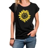 MAKAYA Print-Shirt Damen Blumenprint Sonnenblume Blumen Motiv Blumenmuster Sommer Top (Schwarz, Blau, Grün, Grau, 34, 36, 38, 40, 42, 44, 46, 48, 50) große Größen