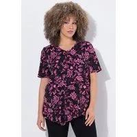 Ulla Popken T-Shirt T-Shirt Blüten Zipfelsaum V-Ausschnitt Halbarm