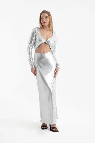 Metallic V-Ausschnitt Cut-Out Langarm-Maxi-Kleid