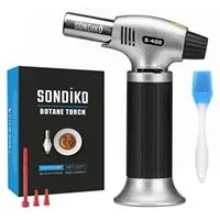 SONDIKO Flambierbrenner Crème Brûlée Bunsenbrenner Grillanzünder Lötbrenner nachfüllbar, (Premium vielseitiger Küchenbrenner, ideal für Küche und Outdoor., Gasbrenner inkl. Silikon-Küchenpinsel, vielseitig), Sicherheitsschloss verhindert versehentlic