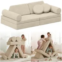 Bellabino Kindersofa Nile aus Schaumstoff Teilen, modulare Kindercouch aus Cord, Beige, mit Armlehnen, faltbare Kinderspielcouch, abnehmbar, waschbar, 160x52x75cm