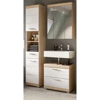 Inn.Furn Badmöbel-Set Mambo, (Badezimmer 3-teilig in Weiß Hochglanz und Eiche, 112 x 191 cm), 15 Fächer und 3 Vollauszug-Schubkästen