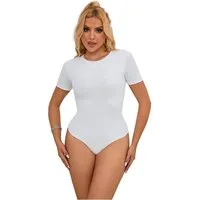 Lau-Fashion Kurzarmbody Bodysuits Weiß kurze Ärmeln Body Schritt Unterwäsche Dessous S/XL