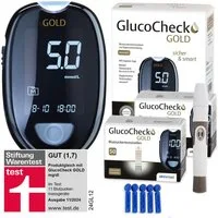GlucoCheck Blutzuckermessgerät GlucoCheck GOLD Starter-Set mit 110 Teststreifen mmol/l