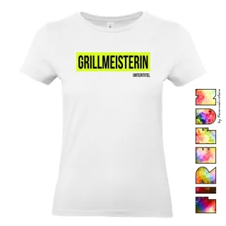 FIREFUN - Damen T-Shirt mit Aufschrift "GRILLMEISTERIN" 2XL MIT Untertitel (max. 20 Zeichen) Hinten (Rücken) navy MIT Silberstreifen (Reflexoptik)