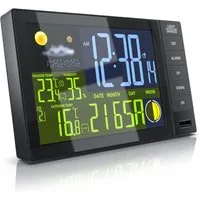 BEARWARE Funk, mit Farbdisplay, Wireless Funksensor/Außensensor, DCF Funkuhr Wetterstation (mit Außensensor, Thermometer, Mondphasen, Luftfeuchtigkeit, Wettervorhersage usw)
