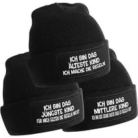 Herzbotschaft Beanie 3er Set Beanies Strickmütze mit Spruch ICH BIN DAS JÜNGSTE KIND - ICH (Mütze mit Aufdruck, Skimütze) Unisex SoftTouch angenehm weiche und warme Wintermütze Einheitsgröße