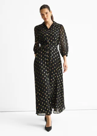 Schwarzes Chiffon-Foliengürtel-Maxi-Hemdkleid