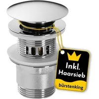 Bürstenking Ablaufgarnitur Ø 63/66 mm – Push-Open Ablaufventil - mit & ohne Überlauf & Haarsieb Push-Open / Pop-Up