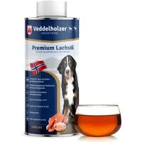Veddelholzer Lachsöl für Hunde 1 Liter Ideale hochwertige Nahrungsergänzung, für: Hunde, Omega3 Fettsäuren & Vitamin E Nachhaltig Fischöl Hund Pferd & Umwelt