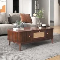Odikalo Couchtisch Beistelltisch Sofatisch Kaffeetisch Rattan Schiebetür Weiß/Braun
