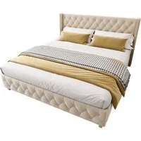 Flieks Polsterbett, Massivholz Doppelbett 180x200cm mit Lattenrost und Polster-Kopfteil