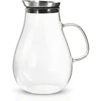 Arendo Karaffe Glaskaraffe 2,5 L, Edelstahldeckel, Henkel, Grobfilter, Wasserkaraffe, (1-tlg), Borosilikatglas, 2500 ml, Sieb, hitze- und kältebeständig, BPA-frei