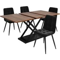 IDEASY Essgruppe Ausziehbarer Esstisch (160x80x75cm) mit 4 Samtschaukelstühlen, (Esstischstühle aus schwarzem Samt, Schwarze Beine), Kreuzförmige Eisenbeine & Elegante Sitzpolster