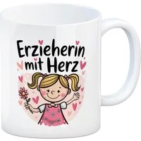 speecheese Tasse Fröhliches Cartoon-Mädchen - Erzieherin mit Herz Kaffeebecher