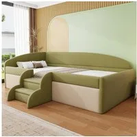 Flieks Polsterbett, Kinderbett Schlafsofa Einzelbett 90x190cm mit Treppe und Lattenrost
