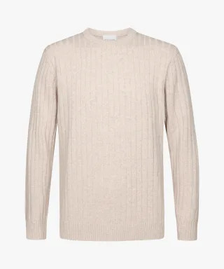 Profuomo - Beige Wollmix Ripp Rundhalsausschnitt hellsand - Gr. - XL