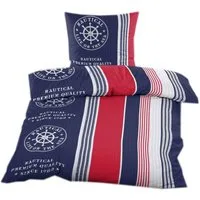 Casa Colori Bettwäsche Seersucker Garnitur 135x200 Reißverschluss in Blau Rot Weiß gestreift, Seersucker, 2 teilig, luftig leichte Sommerbettwäsche