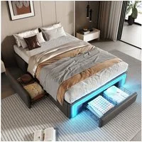 Merax Polsterbett (1-tlg), Plattformbett Einzelbett 90x200cm mit LED & 3 Schubladen, Kunstleder