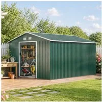 Outsunny Gerätehaus 12,4 m², mit Pultdach, Schiebetür, Fundament, BxT: 340x386 cm, (Gartenhaus, 1 St., Geräteschuppen aus Verzinkter Stahl), wetterfest, für Garten, Dunkelgrün