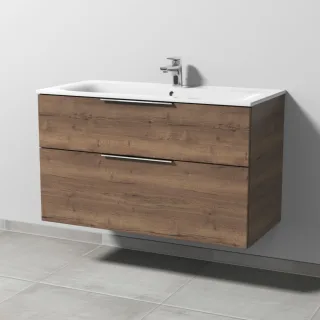 Sanipa 3way Waschtischunterbau zu Geberit Renova Plan Slim Waschtisch mit 2 Auszügen, Eiche-Tabak UM68850