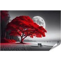 islandburner Leinwandbild Leuchtend Roter Baum an Einem Stillen Strand mit Vollmond