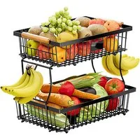 Refined Living Obstschale 2 Etagen, Arbeitsplattenregal für die Küche, Gemüseregal,mit Holzgriff, Rostfreies, Kohlenstoffstahl, (Fruchtkorb mit 2 Bananenaufhängern, Küchenaufbewahrung,Frühstücksständer, BPA-freier Beschichtung, Abnehmbare Körbe,2-Eta