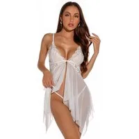 Lau-Fashion Negligé Babydoll Nachtwäsche Kurzes Spitze Weiß Transparent Reizwäsche S/M