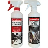 CleanPrince Reinigungsmittel im Set Geflechtmöbel, Imprägnierung und Reiniger Möbelreiniger (500 ml Reinigungsmittel und 500 ml Imprägniermittel für Geflechtmöbel UV-stabil und tiefenwirksam)
