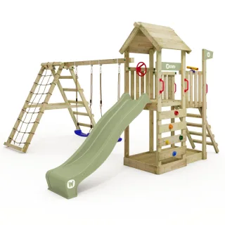 Spielturm MultiFlyer mit Wellenrutsche, Sandkasten und Kletteranbau - Massivholz Klettergerüst für den Garten - Hochwertiger Spielplatz Wickey