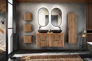Badmöbel Set 10-tlg Badezimmerset ARMON Wotan Eiche Schrank 120cm inkl. 2 x W...
