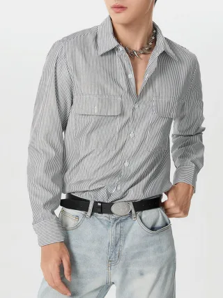 INCERUN Mes Daily Casual Striped Shirt with Double Breast Pocket