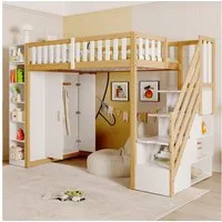 Odikalo Kinderbett Hochbett Jugendbett 90x200 mit Stauraum (Multifunktionales Hochbett 90x200cm mit Regalen, Stauschrank und großem Kleiderschrank, Sicherheitsleiter mit Ablagefächern, Grau + Rohholzfarben)