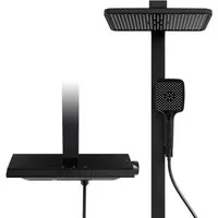 HOMELIVE Duschsystem mit Thermostat und Ablage Duschsäule mit Regendusche und Duscharmatur, mit Brausegarnitur und Kopfbrause, 30cm Kopfbraus,Schwarz