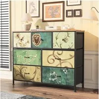 PXloue Kommode Sideboard Schubkastenkommode, 7 Schubladen, Retro-Stil, Blumenstoff, Breite 100cm