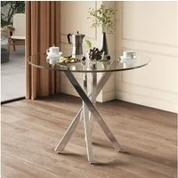 Flieks Esstisch runder Tisch Multifunktionstisch (galvanisierte Tischbeine mit verstellbaren Fußpolstern in silberfarben, 1-St., 1 Tisch, B80xH75 cm), moderner Küchentisch Arbeitstisch, Tischplatte aus gehärtetem Glas