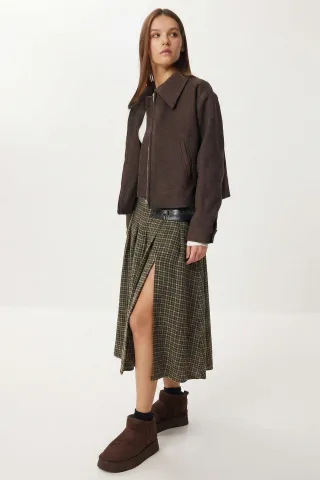 Karo High-Waist Midi-Rock mit Gürtel