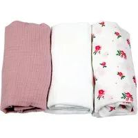 BabyLux Spannbettlaken Musselin Set – 3er Pack 40x80 cm für Kinderwagen Stubenwagen Babybett, Gummizug: ja, z13 Rosa-Weiß-Rosen