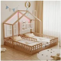 Merax Kinderbett 90×200cm Bodenbett mit LED-Licht, Jugendbett im Hausdesign (1-tlg), Doppelbett 90×200cm mit Sicherheitsgeländer, Ablagefach & Lattenrost