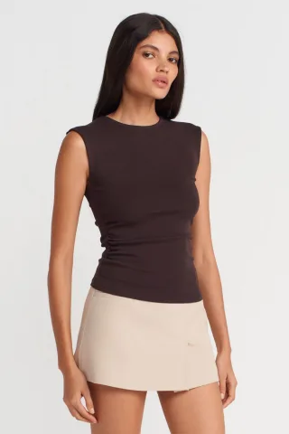 Damen Rippenloses Ärmelloses Rundhals-T-Shirt