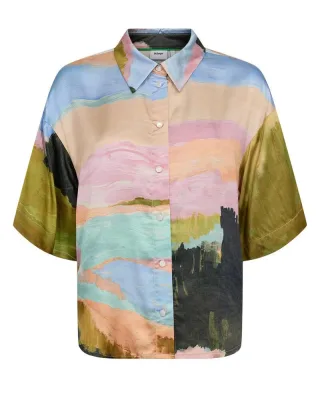 Nümph - Locker geschnittene Kurzarm-Bluse mit Allover-Print pink - Gr. - 36
